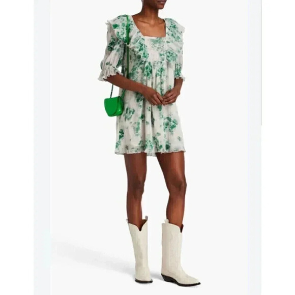 GANNI floral-print plissé-georgette minidress Size Small 4/6 Green And Cream - Picture 3 of 10